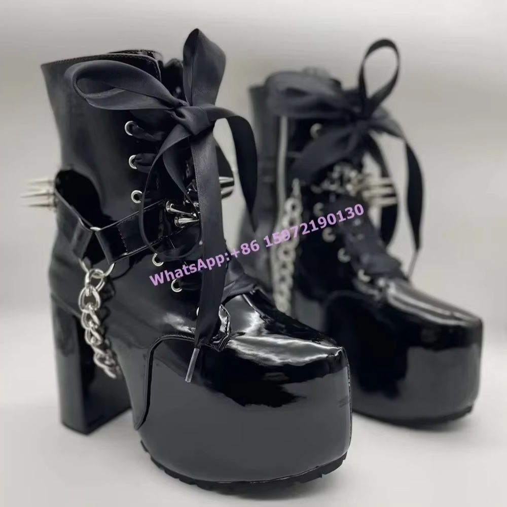 Ribbon Tie Heel - Kurdeleli Perçinli Siyah Botlar Koyu Punk