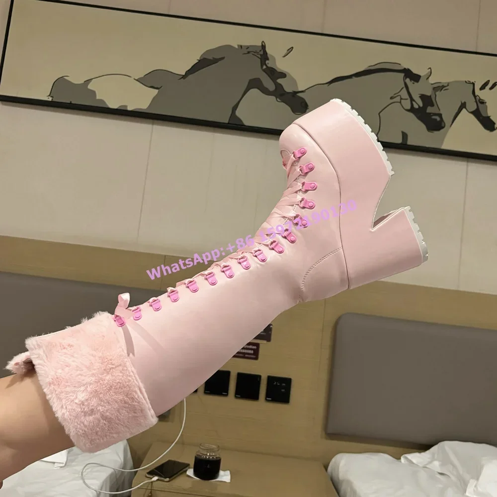 Ribbon Tie Heel - Pembe Tüylü Botlar Kalın Tabanlı Deri