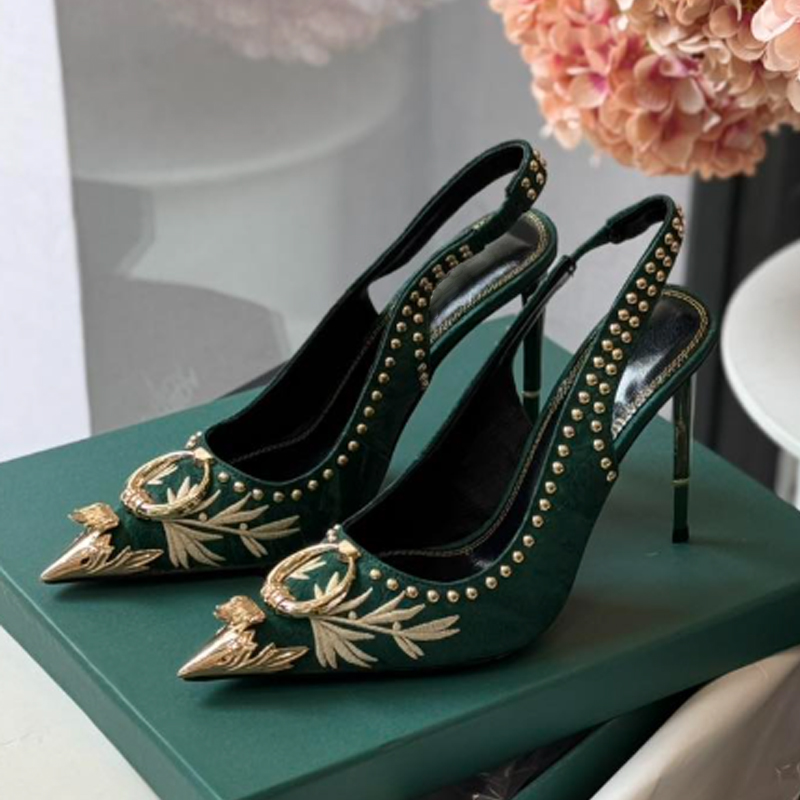 Gladiator Sandal Women - Koyu Yeşil İşlemeli Sivri Burun Metal